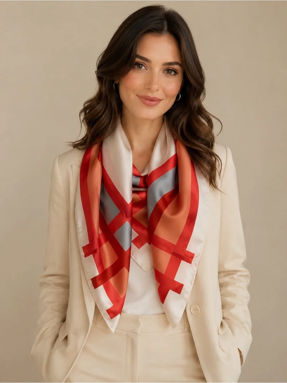 Silk-Look Red & Coral Geometric Square Scarf